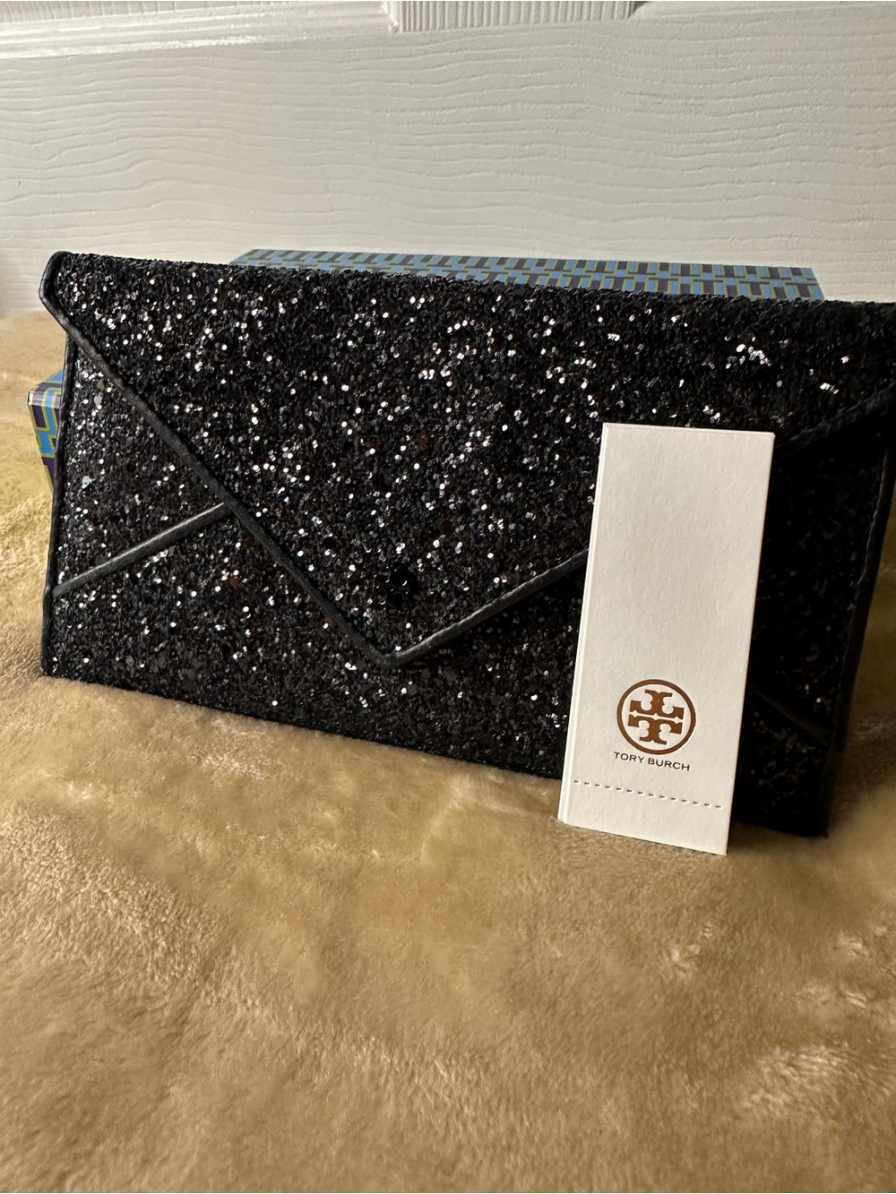 Tory Burch Black Glitter Envelope Pouch  Tan Interior and six card slots NWB